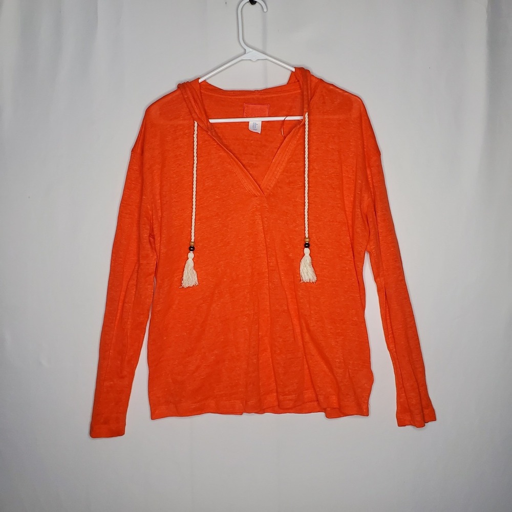 Sigrid Olsen Hooded Linen Top Women Medium Orange Drawstring Relaxed Coastal